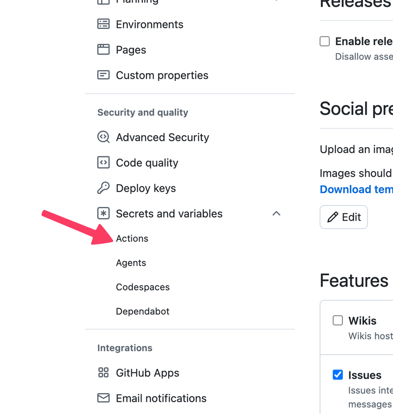 Пункт «Secrets and variables → Actions» в боковом меню настроек репозитория GitHub
