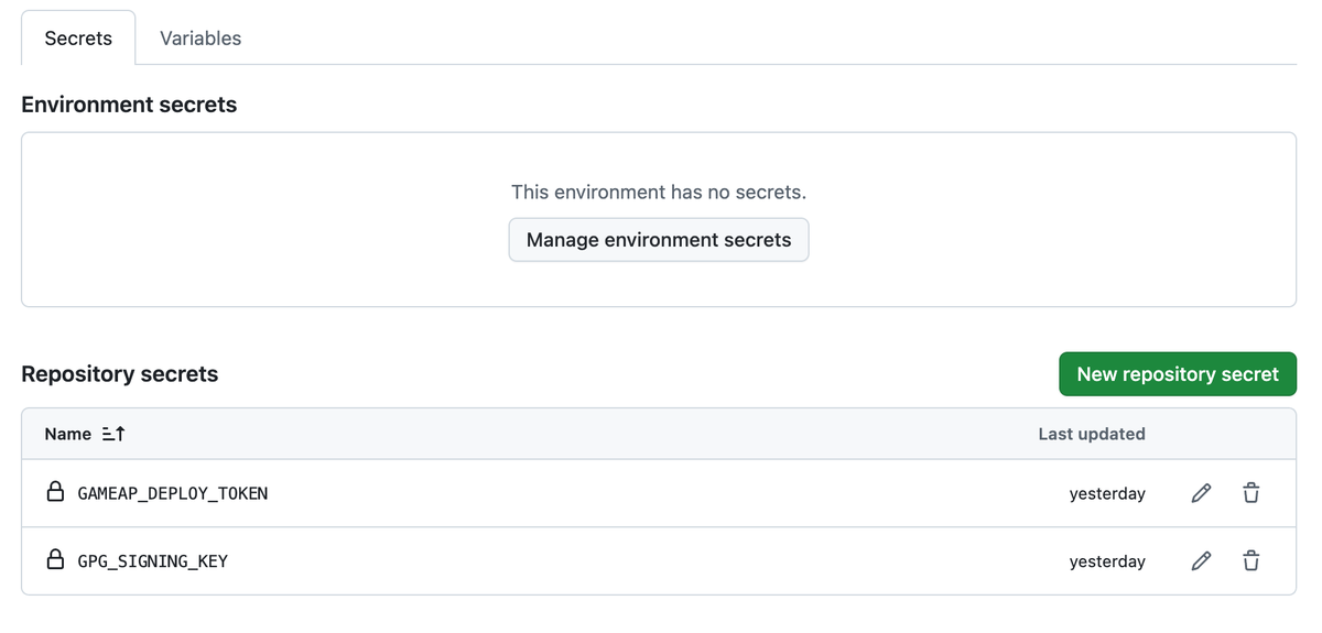 Вкладка Secrets с секретами GAMEAP_DEPLOY_TOKEN и GPG_SIGNING_KEY